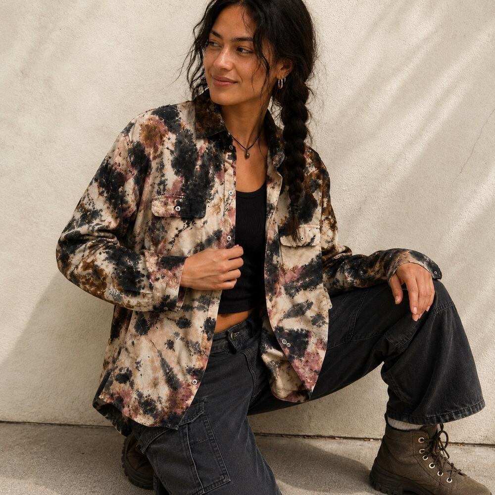 Hard Tail Forever Boyfriend Shirt XS Tie Dye Cupro Western Utility Boho Made USA